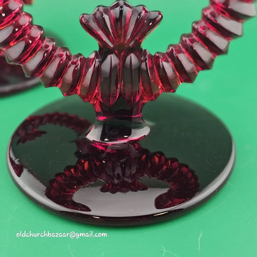 Set of 2 Paden City Ruby Red Glass Crows Foot Round Double Candle Holders